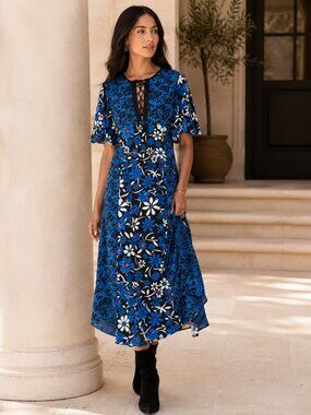 WALTER BAKER Blue Floral Midi Dress Lace-Up Neck Flutter Sleeve Boho Chic Retro